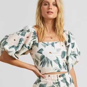 Billabong x The Salty Blonde Sun Glow Cropped Top Puff Sleeves Tropical Flora